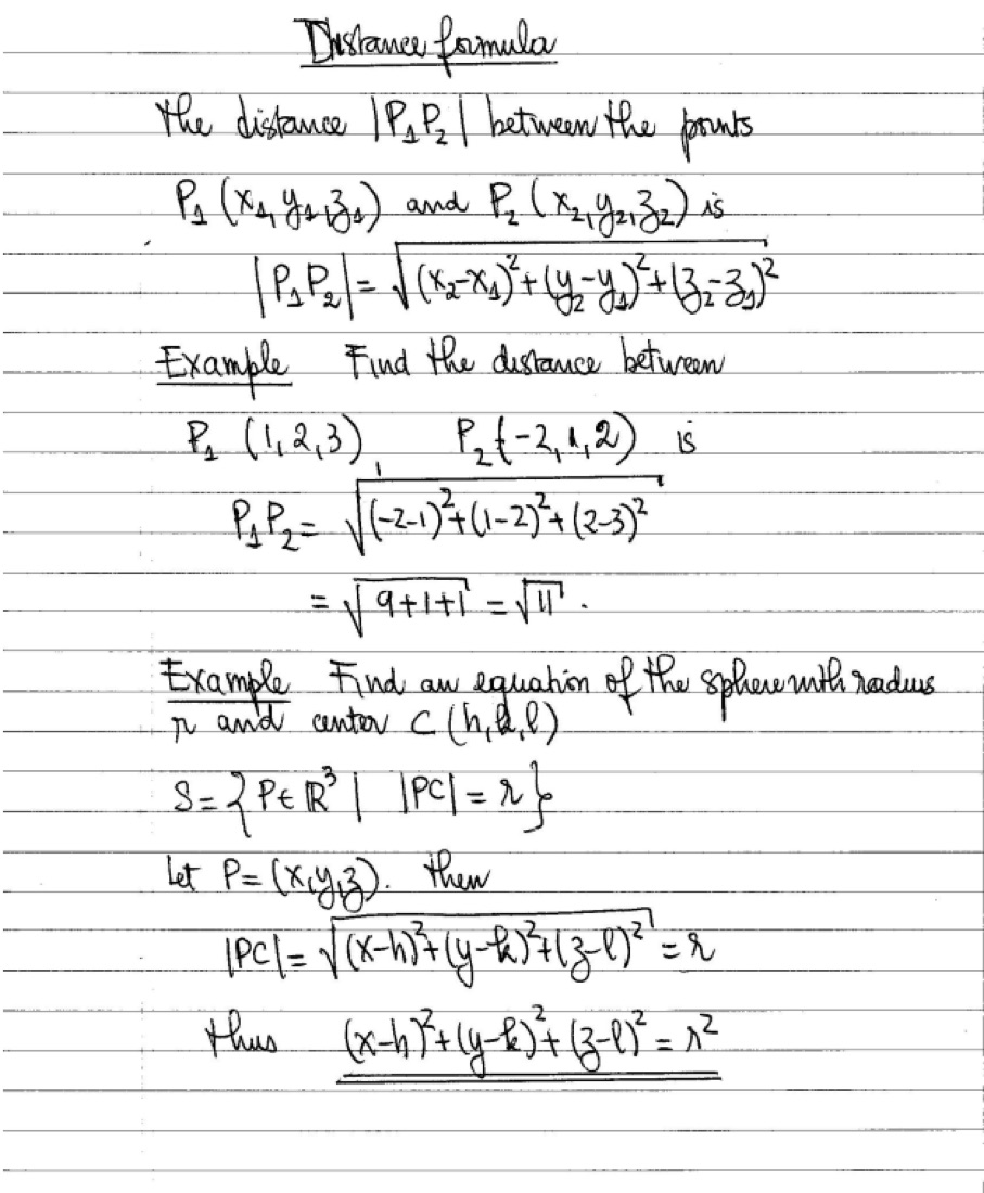 A scanned page of handwritten calculus notes on the distance formula