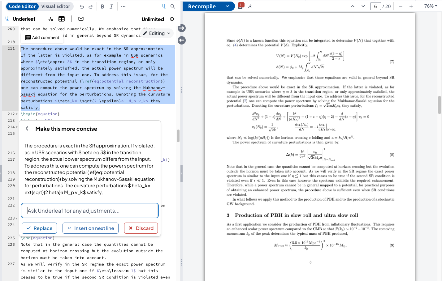 The Underleaf extension suggesting a rewrite next to a draft