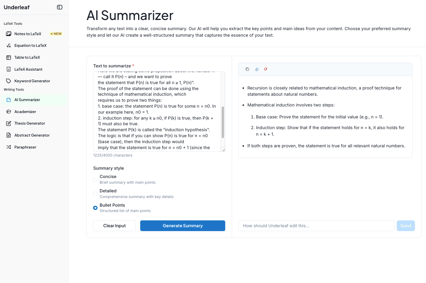 The Underleaf AI summarizer condensing a dense passage